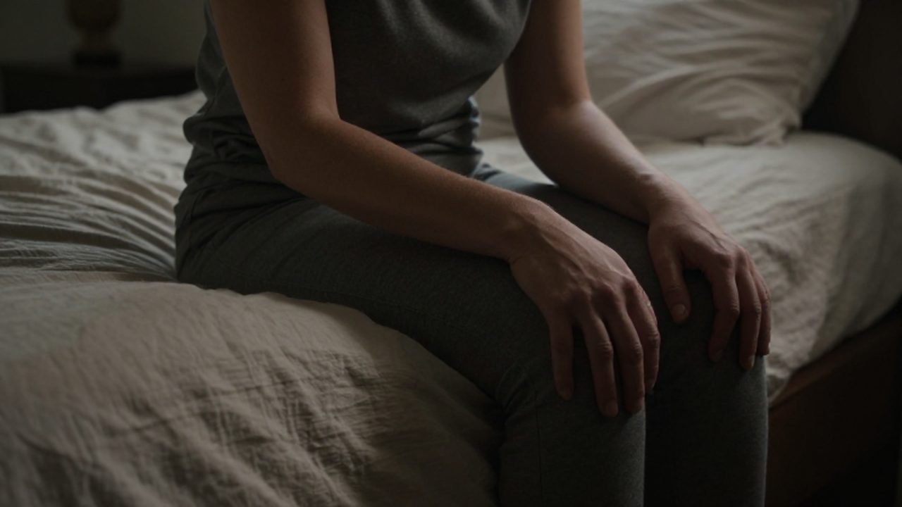Persona con expresión cansada sentada al borde de una cama deshecha en una habitación tenue.