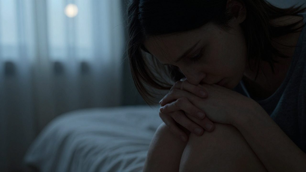 Persona sentada al borde de una cama con expresión de melancolía bajo la luz de la luna.